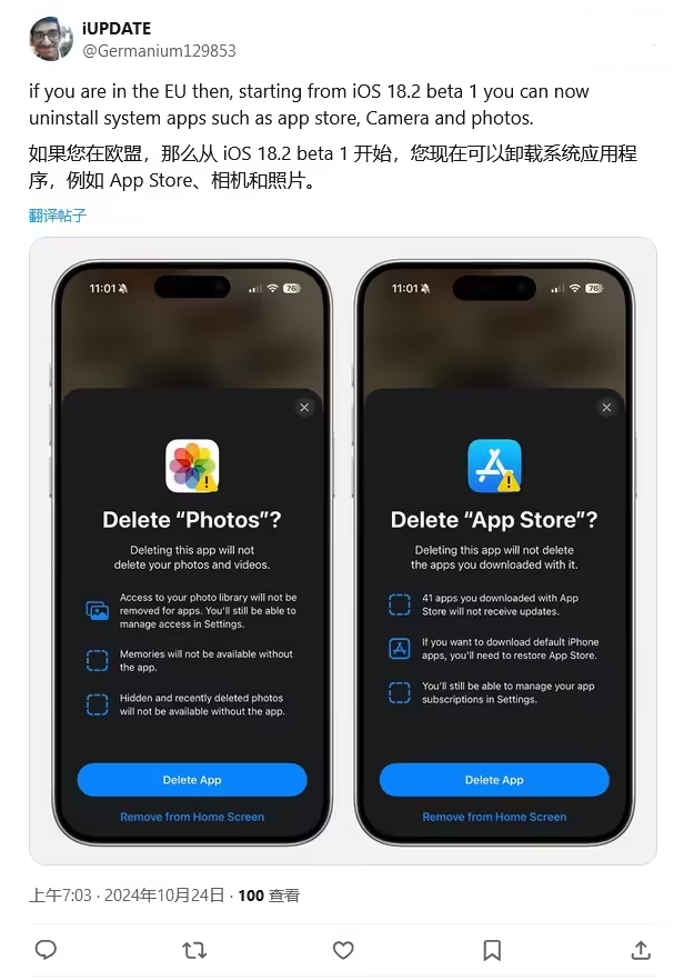 大成镇苹果手机维修分享iOS 18.2 支持删除 App Store 应用商店 