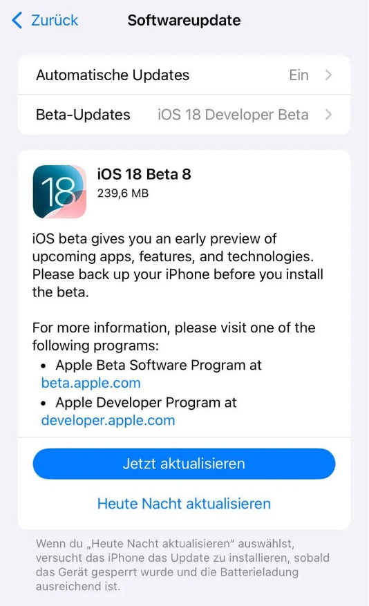 大成镇苹果手机维修分享苹果 iOS / iPadOS 18 开发者预览版 Beta 8 发布 